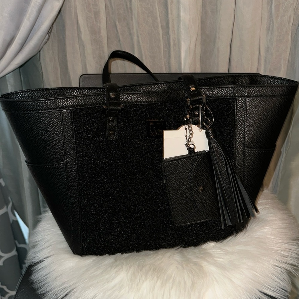 Rachel Zoe Everyday Black Sherpa Leather Tote with Tassel & Removable Card Case